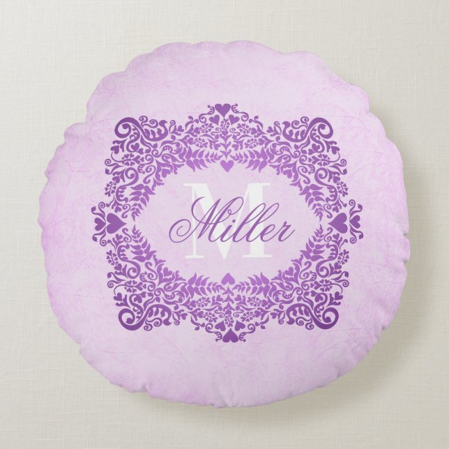 Pink Damask Monogram Name Round Cushion (Front)
