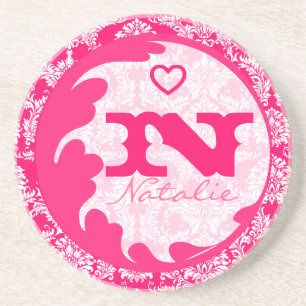 Pink Damask Monogram Personalised Coaster