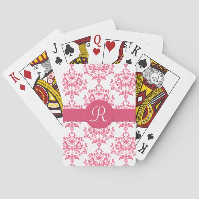 Pink Damask Monogram Playing Cards (Back)