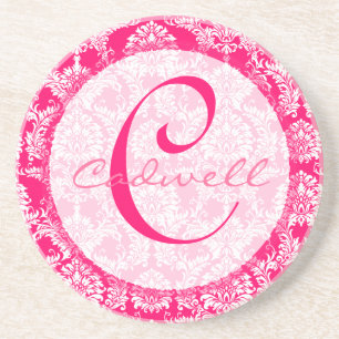 Pink Damask Monogram Wedding Anniversary Coaster