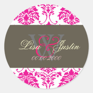 Pink Damask monogram wedding stickers