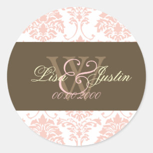 Pink Damask monogram wedding stickers