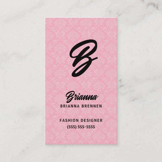 Pink Damask Monogrammed Business Card (Front)
