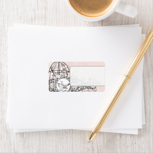 Pink Damask Musical Vintage Bird Cage Address Label (Insitu)