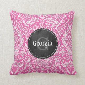 Pink Damask Pattern With Chalkboard Monogram Cushion