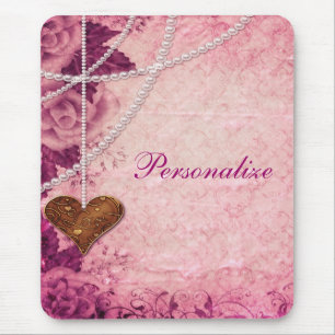 Pink Damask, Pearls, Heart & Roses Mousepad