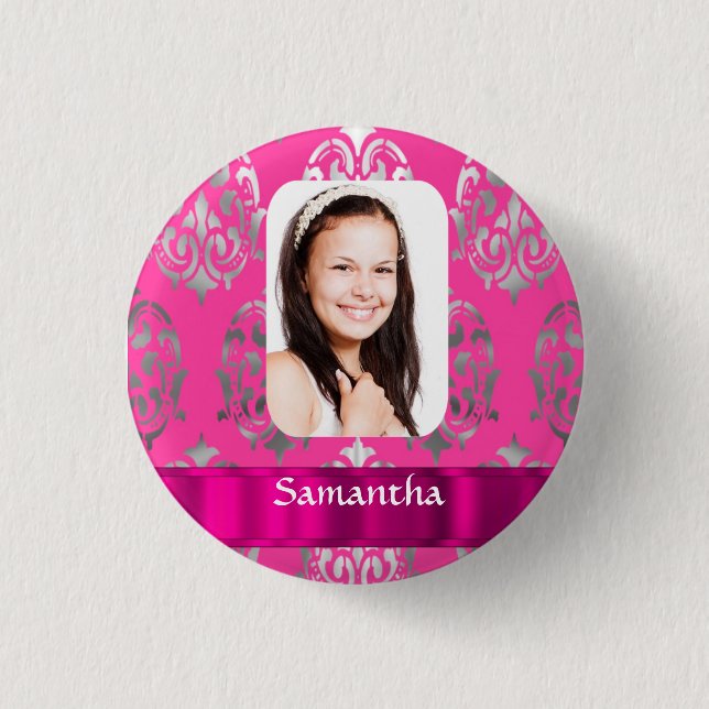 Pink damask personalised photo template 3 cm round badge (Front)