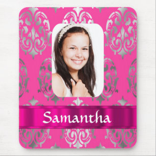 Pink damask personalised photo template mouse pad