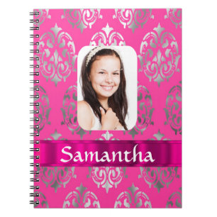 Pink damask personalised photo template notebook