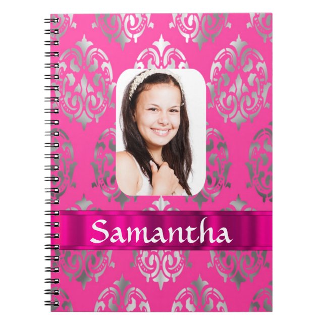 Pink damask personalised photo template notebook (Front)