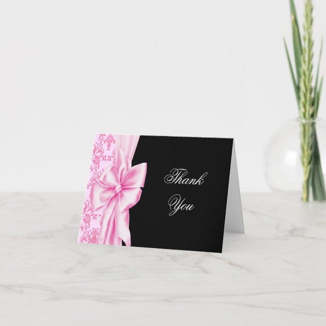 Pink Damask Pink Black Thank You Cards (Front)