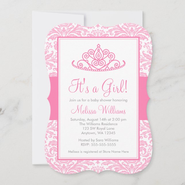 Pink Damask Princess Crown Girl Baby Shower Invitation (Front)