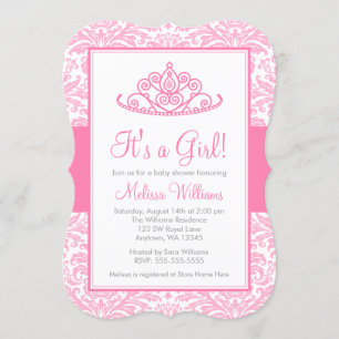 Pink Damask Princess Crown Girl Baby Shower Invitation