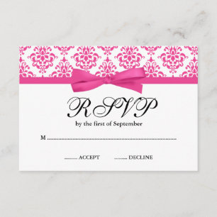 Pink Damask Printed Ribbon Bow RSVP Card