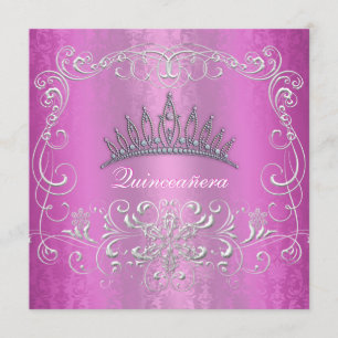 Pink Damask Quinceanera Diamond Tiara Invite