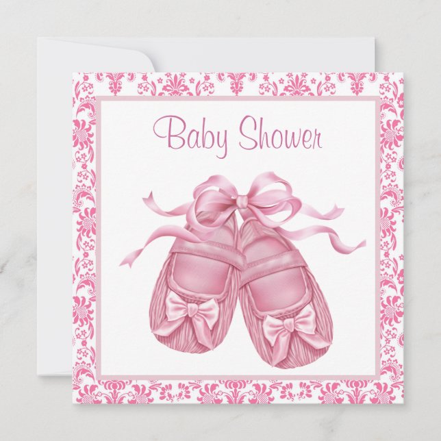 Pink Damask Satin Booties Baby Girl Shower Invitation (Front)