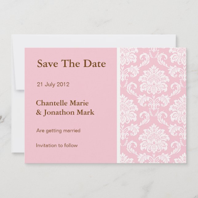 Pink Damask Save The Date Card (Front)