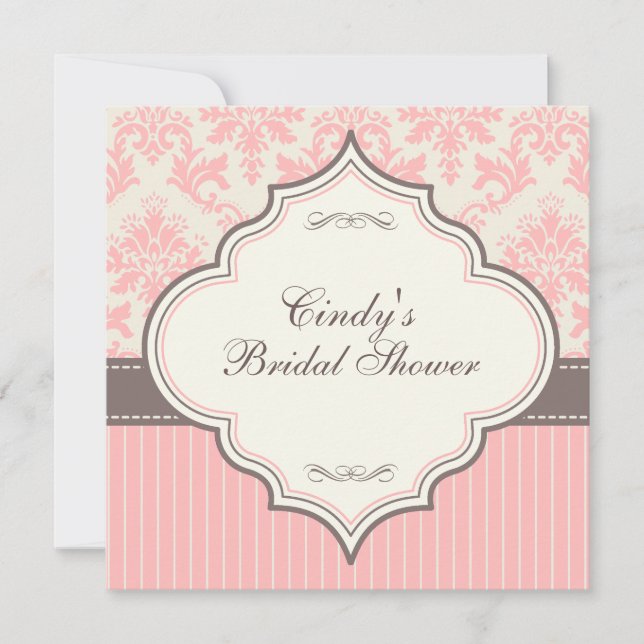 Pink Damask & Stripe Bridal Shower Invitation (Front)