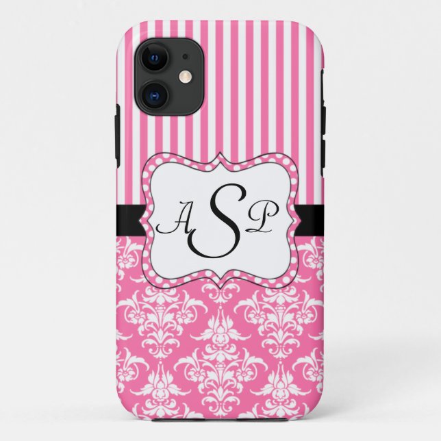Pink Damask Stripes Personalised Monogram Case-Mate iPhone Case (Back)