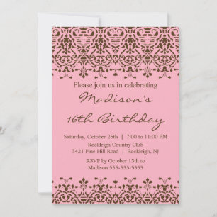 Pink Damask Sweet Sixteen Birthday Invitation