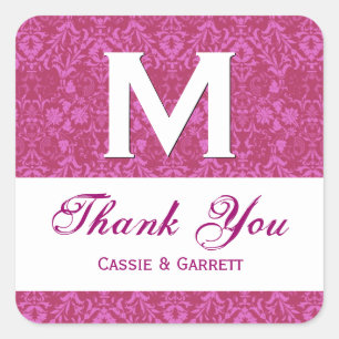 Pink Damask Thank You Monogram Wedding R318 Square Sticker