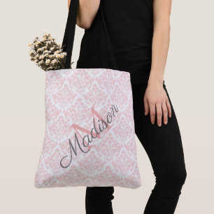 Pink Damask Trendy Cute Girly Name Monogram Tote Bag