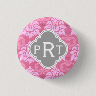 Pink Damask Trio Monogram 3 Cm Round Badge