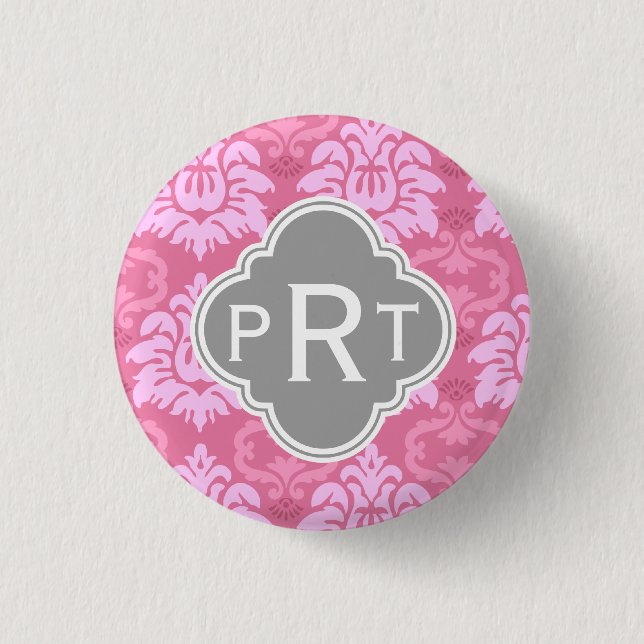 Pink Damask Trio Monogram 3 Cm Round Badge (Front)