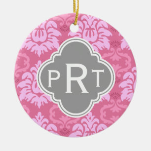 Pink Damask Trio Monogram Ceramic Tree Decoration