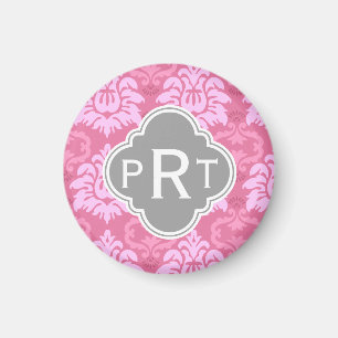 Pink Damask Trio Monogram Magnet
