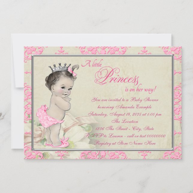 Pink Damask Vintage Baby Shower Invitation (Front)