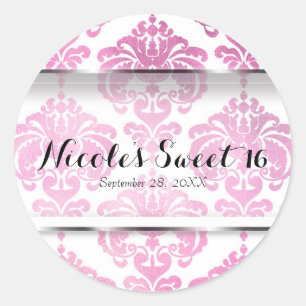 Pink Damask Vintage Glam Wedding Event Favour Classic Round Sticker
