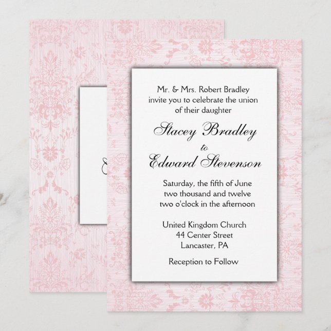 Pink Damask Wedding Invitation (Front/Back)