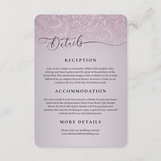 Pink Damask Wedding Reception Details Enclosure Card (Front)