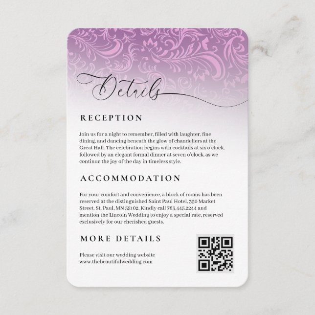 Pink Damask Wedding Reception Details Enclosure Card (Front)