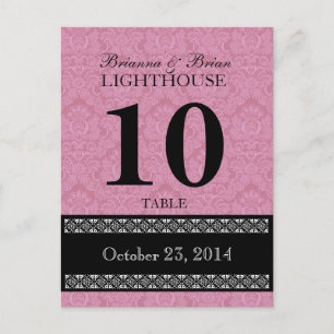 Pink Damask Wedding Table Number Card Reception
