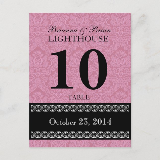 Pink Damask Wedding Table Number Card Reception (Front)