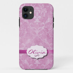 Pink Damask with nameplate iPhone 11 Case