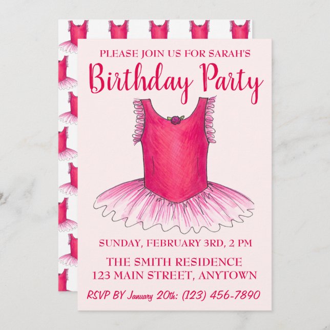 Pink Dance Ballerina Tutu Ballet Birthday Party Invitation (Front/Back)