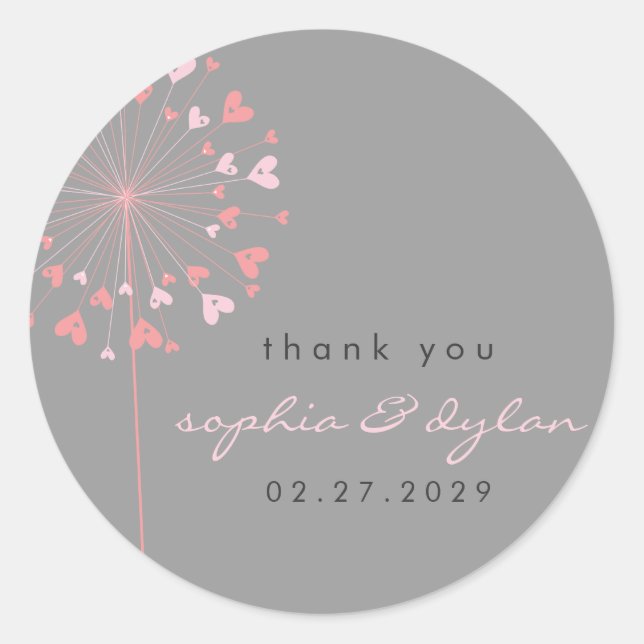 Pink Dandelion Flower Love Hearts Summer Wedding Classic Round Sticker (Front)