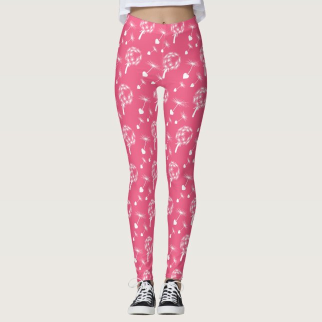 Pink Dandelion Heart Seeds Pattern Leggings (Front)