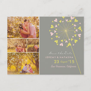 Pink Dandelions Love Hearts 4 Photo Save The Date Announcement Postcard