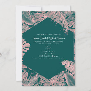 Pink & Dark Cyan Tropical Palm Leaves Wedding  Invitation