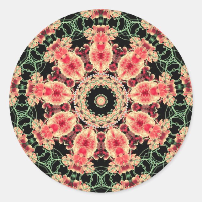 Pink & Dark Green Fractal Kaleidoscope Classic Round Sticker (Front)
