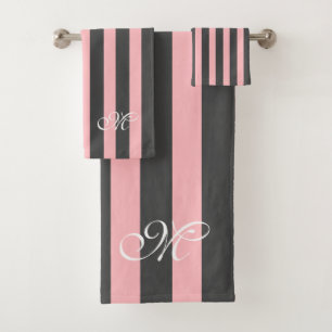 Pink Dark Grey Stripes Pattern Bath Towel Set