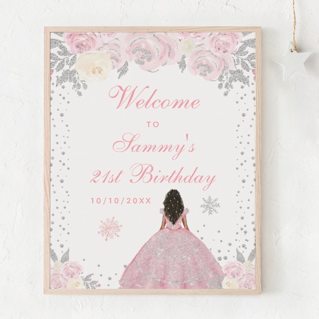 Pink Dark Skin Girl Birthday Party Welcome Poster (Creator Uploaded)