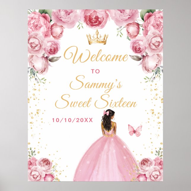 Pink Dark Skin Princess Sweet Sixteen Welcome Poster (Front)