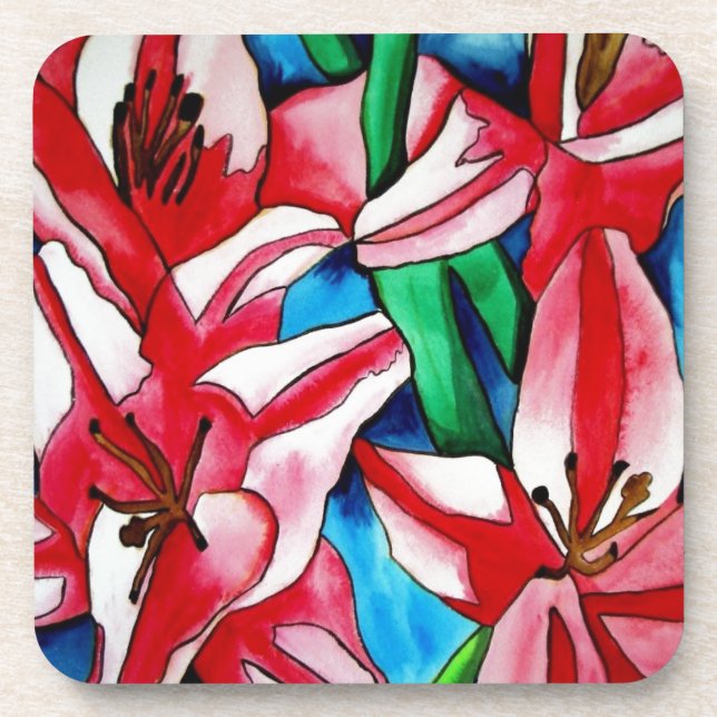 Pink Day lily watercolor art painting Coaster (Front)