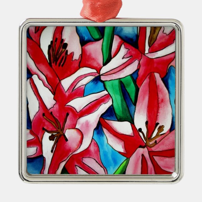 Pink Day lily watercolor art painting Metal Ornament (Front)