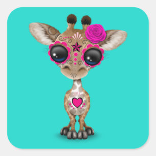 Pink Day of the Dead Baby Giraffe Square Sticker